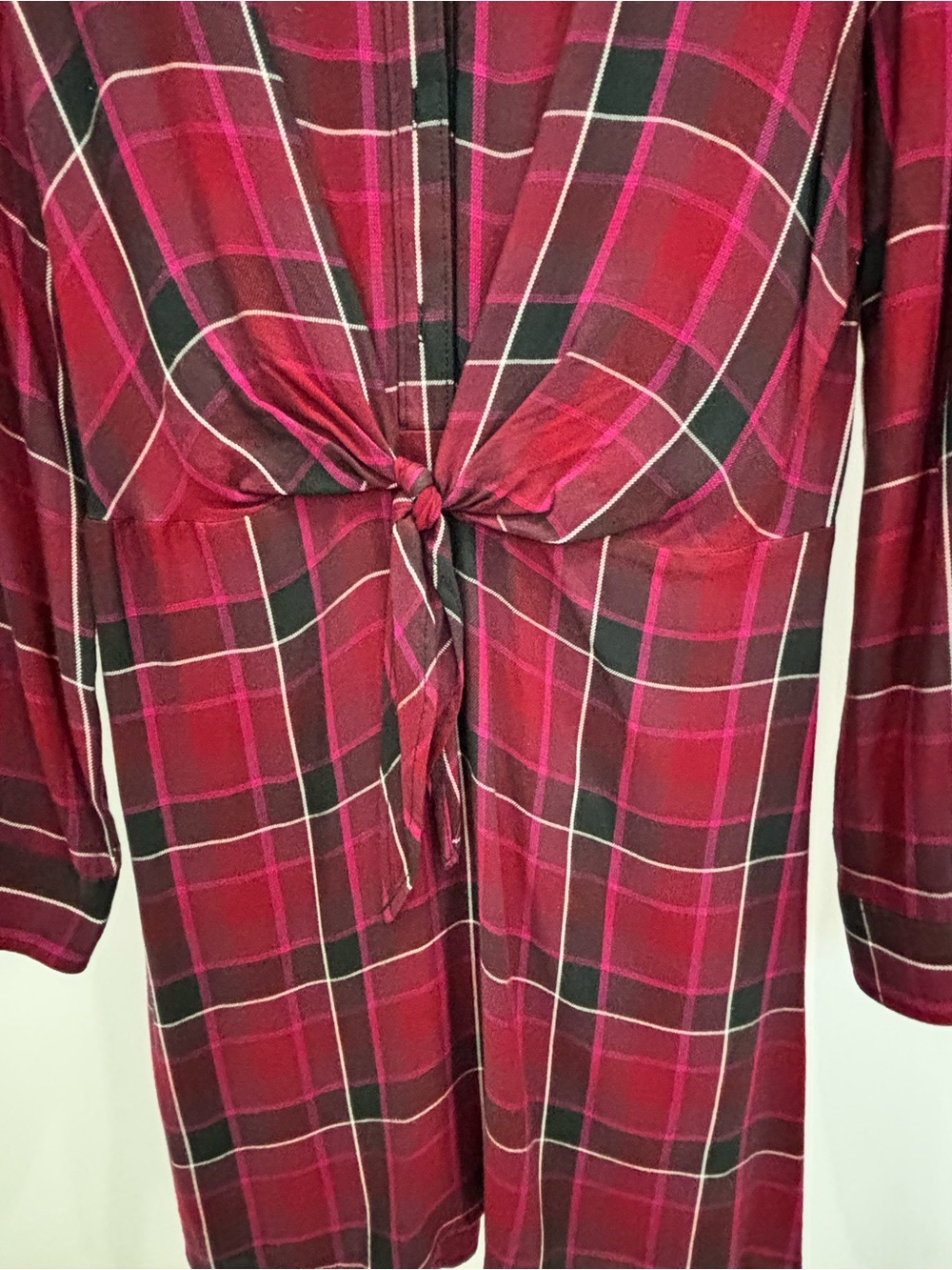 Express Red Plaid Tie-Front Long Sleeve Shirt Dress - Picture 2 of 5